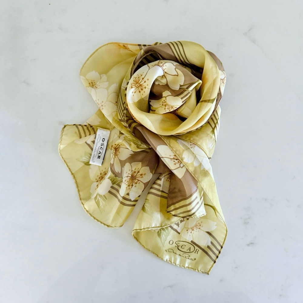 Oscar de la Renta Golden Cherry Blossom Silk Sateen Scarf, Rectangular (Oblong)